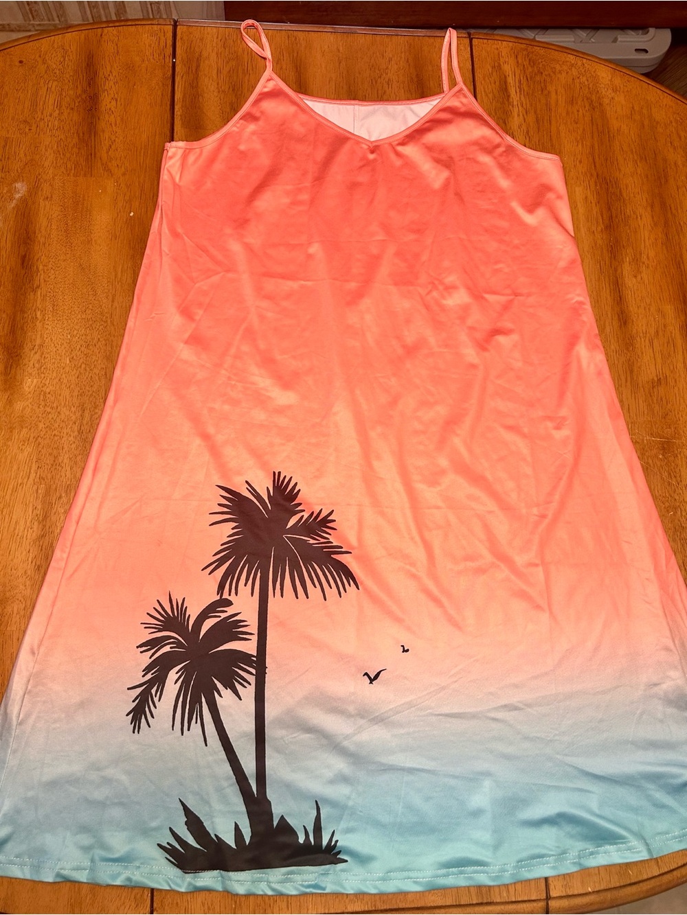 Women's Coral to Aqua Ombre Midi Dress with Palm Print XL